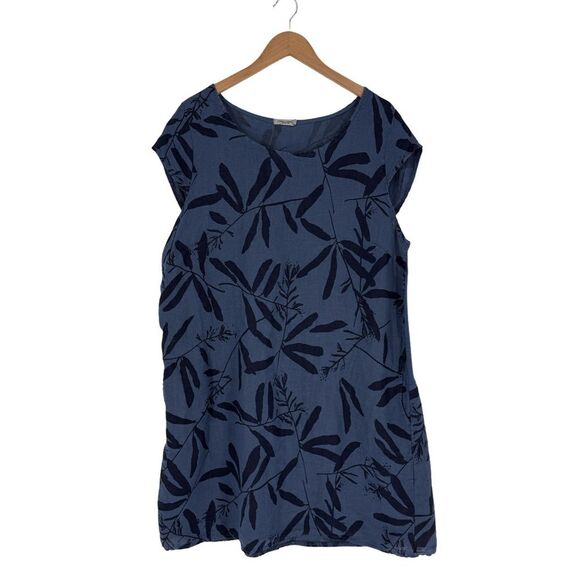 Lungo L’Arno Italian Linen Sleeveless Dress with Botanical Print in Blue | 1X - Picture 1 of 6